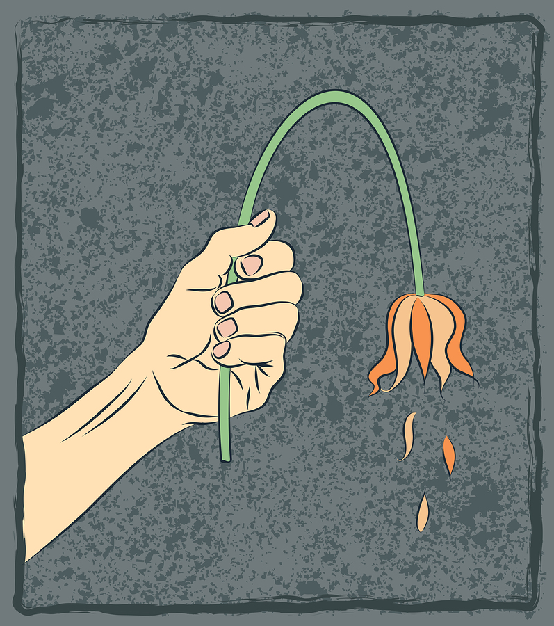 Illustrated hand holding a wilted flower.